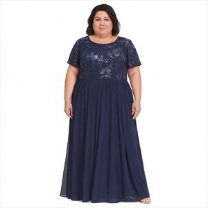 R & H Richard Short Sleeve Navy Sequin Mother of Bride Maxi Dress/ Gown 14W